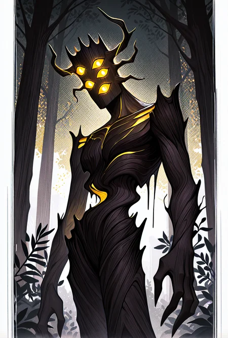 <lora:creaking-10:1> creaking, no humans, standing, monster, glowing eyes, yellow eyes, solo, extra eyes, plant, yellow sclera, horns, creature, tree, horns, masterpiece, best quality, amazing quality, very aesthetic, absurdres, newest,, upper body, halftone effect, white borders, abstract background:1.2,