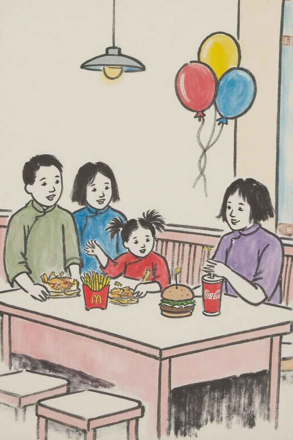fzk1 ink painting. fzk1 minimalist ink painting. A four-year-old girl with twin pigtails is celebrating her birthday at McDonald's, a place that feels like a magical playground for children. The joy on her face is unmistakable as she sits at a table set with a colorful array of items: crispy McDonald's fries in a bright yellow packet, a refreshing cup of Coca-Cola, and a juicy hamburger wrapped in its iconic packaging. Her pigtails bounce playfully as she moves, adding to the lively atmosphere. The table is also adorned with festive decorations, including balloons and streamers that match the vibrant McDonald's red and yellow color scheme. Family members gather around, their smiles reflecting the warmth and love of the occasion. The lighting inside the restaurant is soft yet bright, creating a welcoming environment that highlights the happiness of the moment. This scene captures the pure delight and excitement of a young child's birthday celebration, set against the backdrop of a bel <lora:fzk2_nocap_d6a3:1.0><lora:815026892886486696:0>