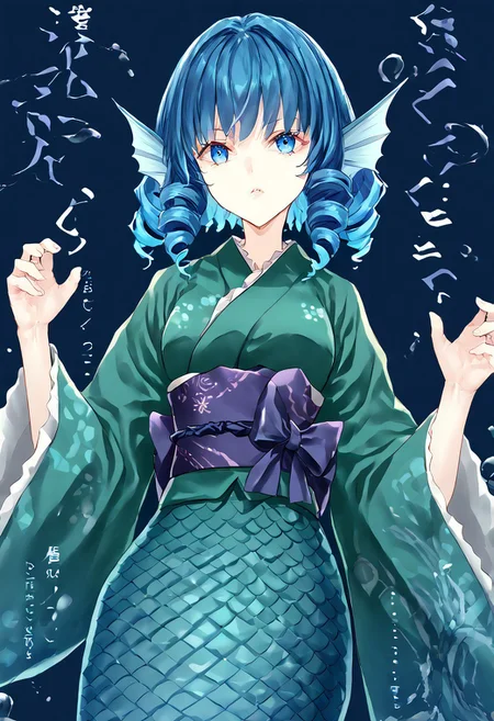 score_9, score_8_up, score_7_up, score_6_up, score_5_up, score_4_up, source_anime, 1girl, solo, 
mlsllw, wakasagihime, blue eyes, medium hair, blue hair, drill hair, drill sidelocks, mermaid, head fins, print kimono, green kimono, frilled kimono, obi, purple sash, blue sash, lace, short_hair, long_sleeves, blue_eyes, frills, blue_hair, wide_sleeves, sash, japanese_clothes, obi, kimono, mermaid, drill_hair, green_kimono, head_fins, frilled_kimono, drill_sidelocks, 
masterpiece, best quality, very aesthetic, absurdres,