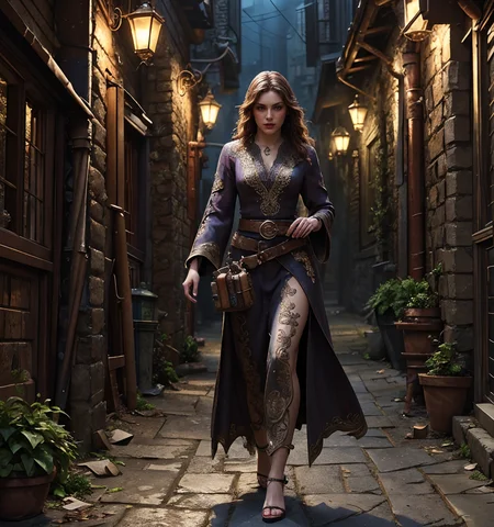 RAW photo, (masterpiece:1.3), subsurface scattering, heavy shadow, (high quality:1.4), (intricate, high detail:1.2), professional photography, HDR, High Dynamic Range, realistic, ultra realistic, photorealistic, high resolution, film photography, ambient lighting, atmospheric effects, <lora:detail_slider_v4:2>, OverallDetail, female alchemist, walking outside in a dark alley, intricate robes, wearing a broad belt with potion flasks, <lora:Alchemist-10:0.65>