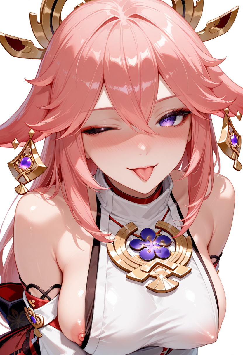 masterpiece, newest, absurdres, best quality, hires, 1girl, yae miko \(genshin impact\), white background, nose blush, shaded face, seductive smile, breast slip, nipple slip, tongue out, wink