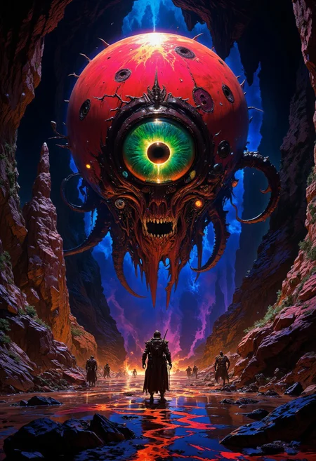 A psychedelic dreamcore scene
The Watcher hovers ominously in the center of a dark cavern, its giant, bloodshot central eye scanning the shadows. Surrounding its massive eyeball, sharp teeth gleam within a grotesque mouth, ready to devour any who dare approach. Tentacles and slender eye stalks protrude, writhing and seeking, each stalk ending in a smaller, equally vigilant eye., 
in the style of the decaying empire of Würstreich, dark magic and grotesque creatures abound, inspired by Sean Aaberg's punk aesthetic, dark fantasy world combines grim landscapes with vibrant, exaggerated colorful art, heroes skirmish monstrous foes in a setting where rebellion, decay, and mysticism intertwine, crafting a unique, immersive vibe