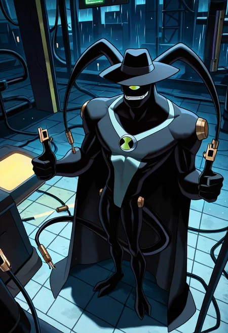 masterpiece, best quality, amazing quality, very aesthetic, absurdres, newest
feedback, solo, smile, , tail, 1boy, no humans, green eye, single eye, , digimon (creature), black skin, , alien, , , cables, ,
fedora, black cloak, from angle, taking down sunglasses, finger guns, factory, dark night, rainy night,
