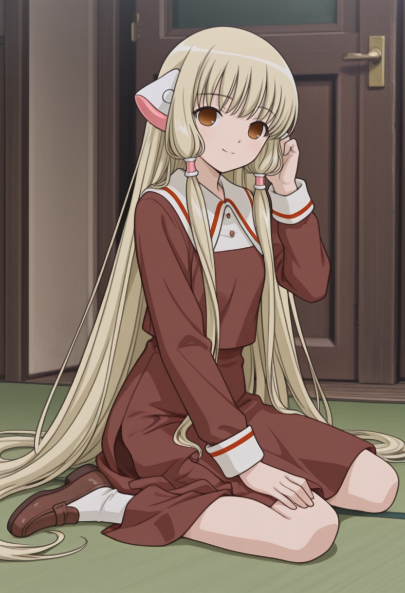 <lora:dmd2fast_sdxl_4step_lora_fp16:0.8>  masterpiece, best quality, <lora:Chi_chobits:0.7> chi__chobits, 1girl, robot ears, empty eyes, long hair, blonde hair, bangs, hair tubes,  || school uniform, dress, wariza, facing to the side, indoors, smile, tucking hair, looking at viewer, full body