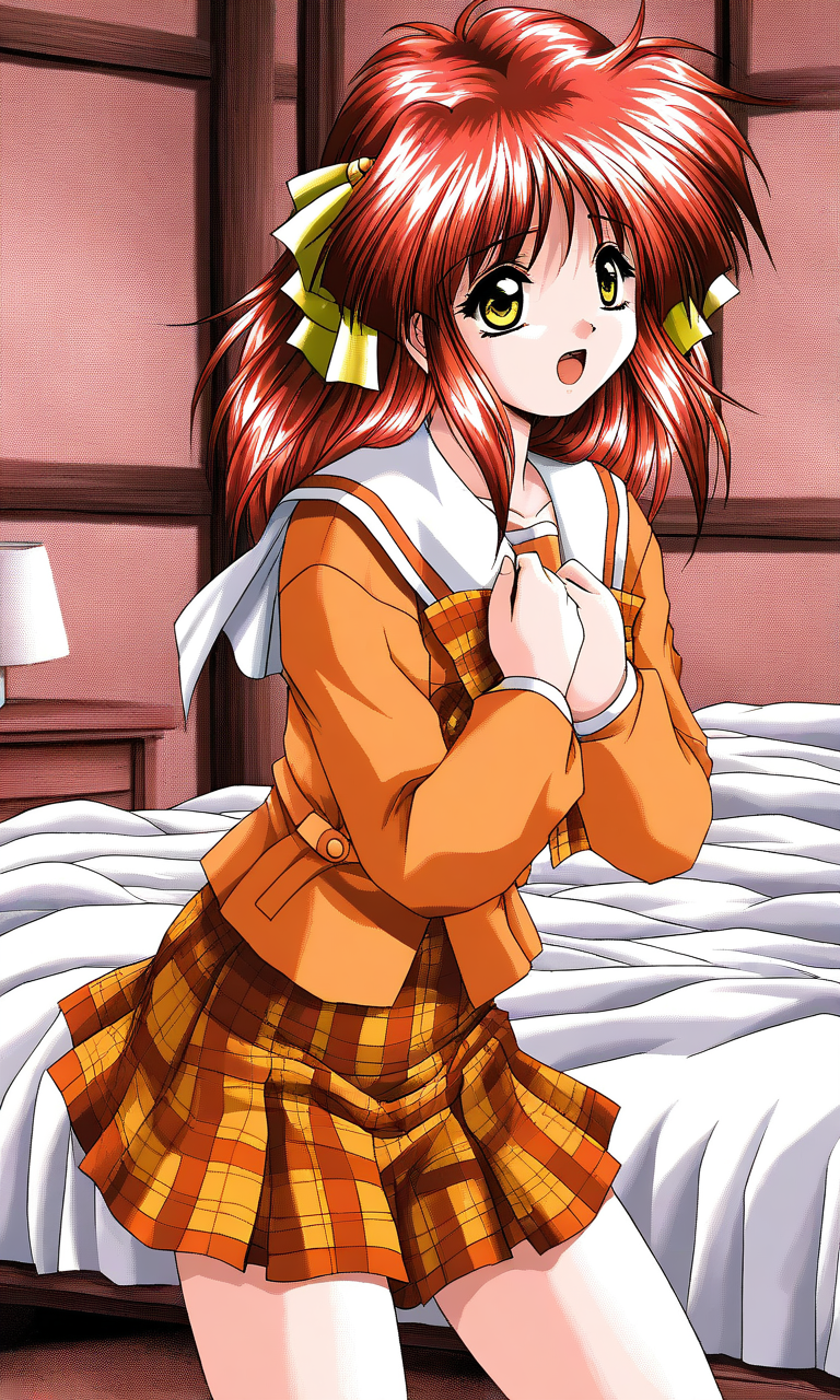general,highres, ultra-detailed,very aesthetic,best quality ,best hands, BREAK <lora:Kisaragi_Hina_Akumu_AoiKajitsunoSange_IS:1>
Kisaragi_Hina, 1girl, solo, red hair,  medium hair, yellow eyes, hair ribbon, small breasts,
 open mouth, short, plaid skirt, plaid bow, long sleeves, serafuku, 
afraid, orange school uniform, ribbon, 
outdoors,hands on own chest,
bed room, sheet, bed,