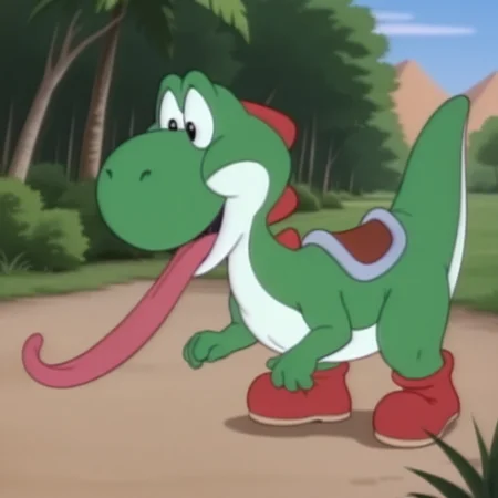masterpiece, best quality, amazing quality, YoshiSMWil, feral, male, dinosaur, green skin, black eyes, red shoes, outside, tongue out, long tongue, <lora:13cc8cd9-a879-4f80-9159-7800ca5aaf7f:1.0>