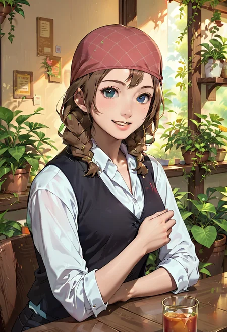 score_9, score_8_up, score_7_up,1girl, solo, brown hair, braid, twin braids, vest, bandana, shirt, blue eyes, plant, white shirt, black vest, sasako, cafe, looking_at_viewer, smiling