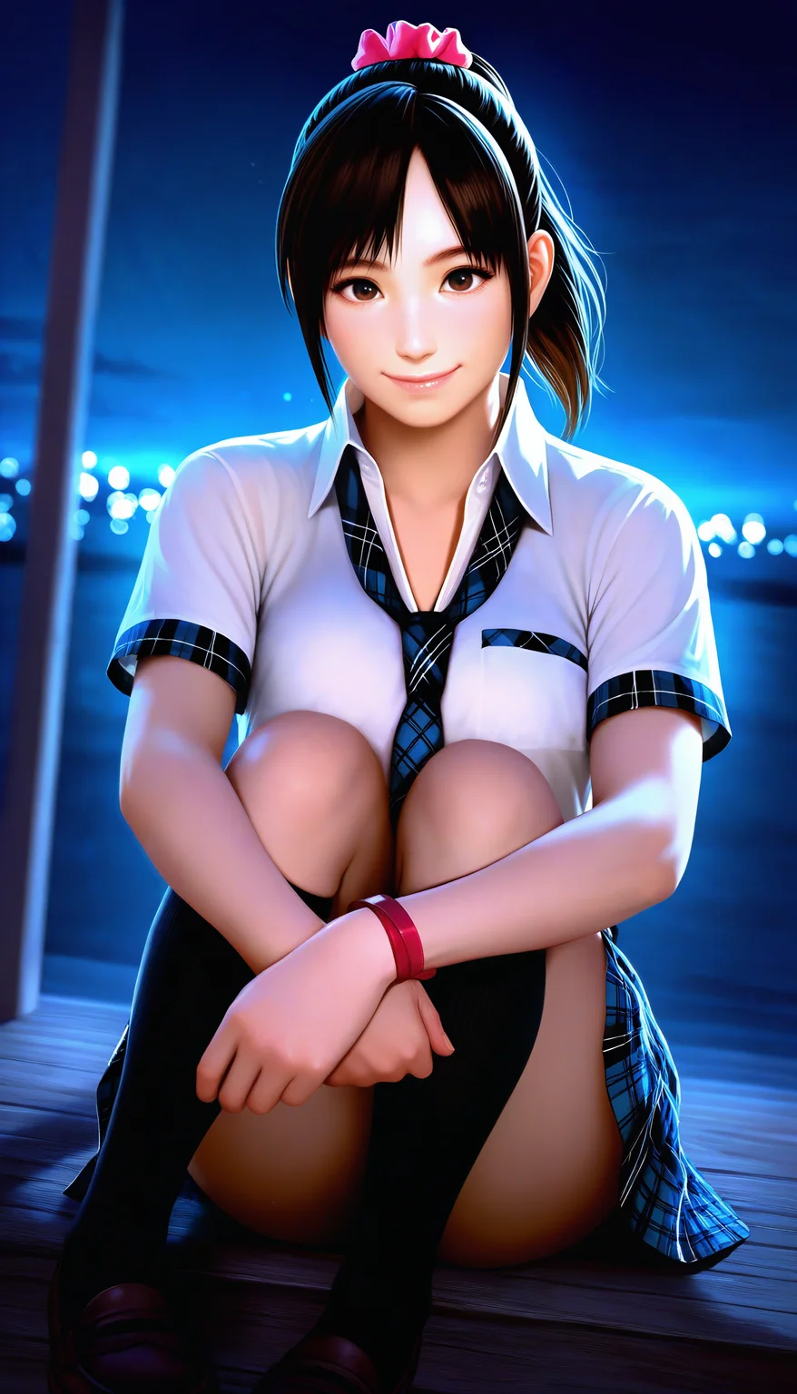 masterpiece,best quality,amazing quality,
<lora:miiyamotohikariNAI:1>,miiyamotohikari,realistic,
1girl,solo,black hair,ponytail,bangs,pink scrunchie,brown eyes,white collar shirt,blue plaid skirt,blue plaid necktie,red wristband,black kneehighs,brown loafers,sitting,hugging legs,looking at viewer,smile,night,sea,soft lighting,bloom,light particles,