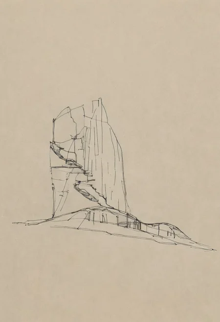 a professional hand sketch of architecture,
(POV view , DOF, first people view from the entrance, low angle shot:1.4),
(Ancient civilization, Alien Prometheus movie scene, dune movie scene:1.5), (The colonial city of the future, in the mist-filled Grand Canyon, on an unknown Earth-like planet, 2 moon on sky, Spaceship flight connects colonies, waterfulls:1.3), (Machu Picchu, a mountain settlement, incredibly spectacular:1.2), (Mario Botta:1.3), (avant-garde, future, reality, science fiction, photorealistic), (modern architecture:1.2), White limestone with black granite, fountain, waterfall, landmark, square, path, narrow street,
(Large Files, Ultra Realistic, 8K, 16k, FHD, HD, VFX, Perfect, Photography, composition, Architecture Sales Photography, Architecture Competition, Ultra High Resolution, Cinematography, High Resolution Image:1.1), (dramatic lighting, direct sunlight, ray tracing, clear shadow:1.2),  (real landscape:1.1), (blurred background:1.0), (urban background, more_details) ,
great lighting, extremely detailed, hillscastel, Neo Classic, Architecture sketch