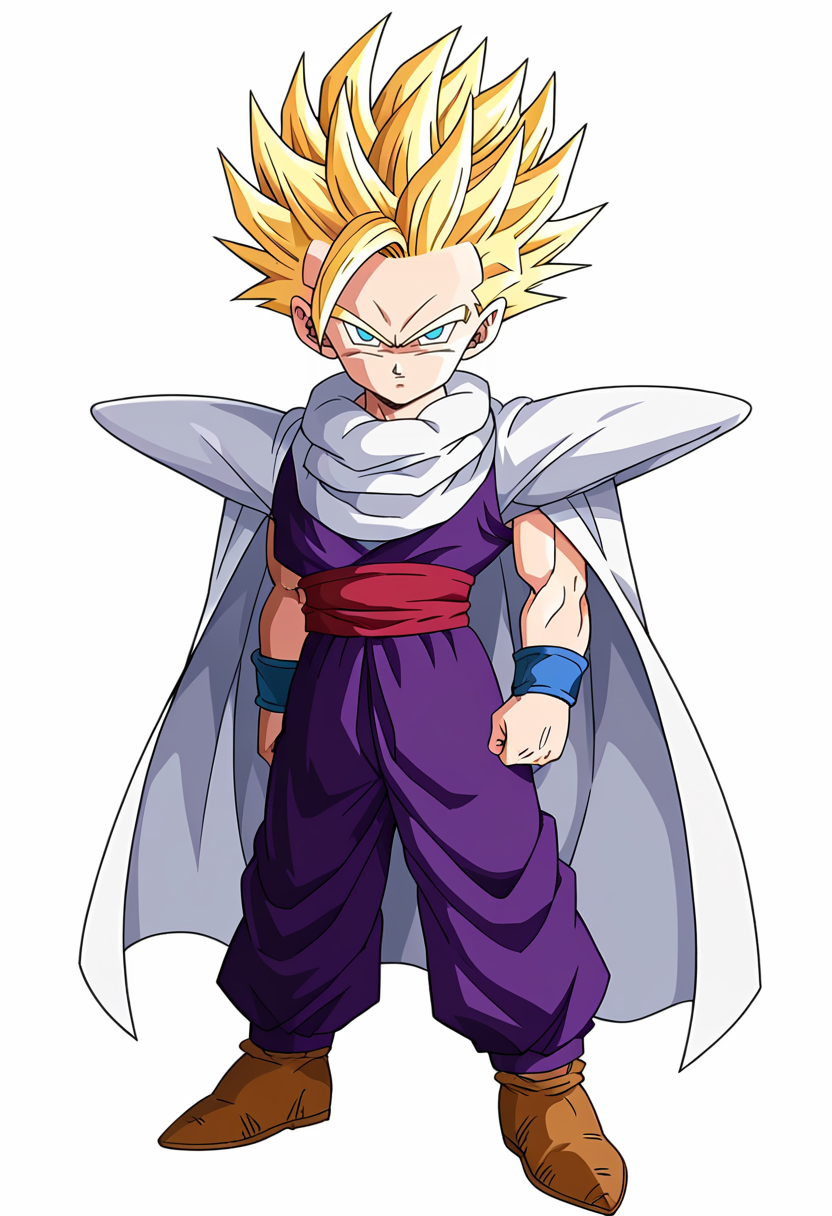score_9, score_8_up, score_7_up, anime_screencap, screencap, official anime artwork, BREAK,  <lora:KidGohanCellPony:1>, ghnssj2, 1boy, male focus, solo, purple vest, red sash, white background, full body, purple pants, closed mouth, looking at viewer, blue wristband, serious, standing, white cape, frown, brown shoes, blue eyes, male child, arms at sides, blonde hair, martial arts clothes, no pupils, super saiyan 2, asymmetrical bangs