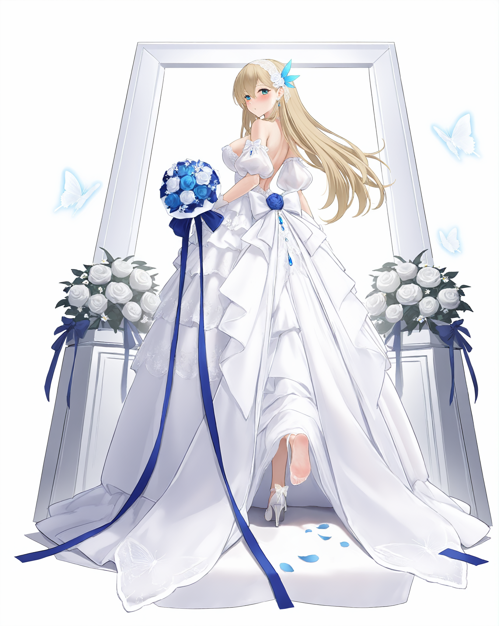 Lexington (CV-16) (Beloved) (normal) (Warship Girls R),vase,photo (object),airplane,1girl,long hair,blonde hair,blue eyes,holding,breasts,white butterfly,picture frame,looking at viewer,dress flower,hair ornament,jewelry,bare shoulders,gloves,lace trim,layered dress,gem,large breasts,white gloves,bride,looking back,blue gemstone,petals,detached sleeves,strapless,strapless dress,white transparent butterfly,white dress,blue feather hair ornament,wedding dress,solo,bug,bouquet,holding bouquet,hairband,white hairband,lace hairband,long dress,gown,feather hair ornament,feathers,blue feathers,backless dress,backless outfit,flower,blue flower,white flower,rose,white rose,full body,TA-4J,model airplane,aircraft,white wedding dress,white bow,bow,back bow,ribbon,blue ribbon,white background,earrings,blush,hair flower,ocean,lace bow,dress bow,satin dress,veil,standing,puffy sleeves,puffy detached sleeves,puffy short sleeves,official alternate costume,frilled dress,frills,display,glass,<lora:Lexington (CV-16) (Beloved) (Warship Girls R)v1.0-000010:1>,foot focus,pov,from below,soles close-up,