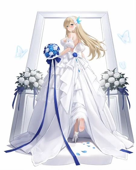 Lexington (CV-16) (Beloved) (normal) (Warship Girls R),vase,photo (object),airplane,1girl,long hair,blonde hair,blue eyes,holding,breasts,white butterfly,picture frame,looking at viewer,dress flower,hair ornament,jewelry,bare shoulders,gloves,lace trim,layered dress,gem,large breasts,white gloves,bride,looking back,blue gemstone,petals,detached sleeves,strapless,strapless dress,white transparent butterfly,white dress,blue feather hair ornament,wedding dress,solo,bug,bouquet,holding bouquet,hairband,white hairband,lace hairband,long dress,gown,feather hair ornament,feathers,blue feathers,backless dress,backless outfit,flower,blue flower,white flower,rose,white rose,full body,TA-4J,model airplane,aircraft,white wedding dress,white bow,bow,back bow,ribbon,blue ribbon,white background,earrings,blush,hair flower,ocean,lace bow,dress bow,satin dress,veil,standing,puffy sleeves,puffy detached sleeves,puffy short sleeves,official alternate costume,frilled dress,frills,display,glass,<lora:Lexington (CV-16) (Beloved) (Warship Girls R)v1.0-000010:1>,foot focus,pov,from below,soles close-up,