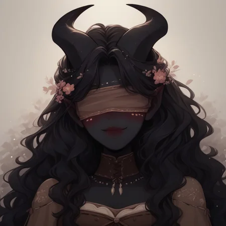 Score_9, Score_8_up, Score_7_up, (masterpiece), best quality, blindfolded, perfect face, perfect anatomy, Tiefling, pointed ears, horns, colored sclera, tail, black skin, anime girl, slim, black hair, wavy hair, median hair length, white flowy dress, brown corset that highlights her small waist, hippie aura, cleavage, romantic perspective, smiling, nervous, blushing, beautiful perspective.