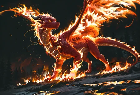 watercolor, lldn, detailed drawing, masterpiece, best quality, good quality, newest, highres, cinematic, volume light, dutch angle, dragon, full body, limited palette, black background, vibrant, glowing outline, neon, blacklight, fire, serious, scenery, nature