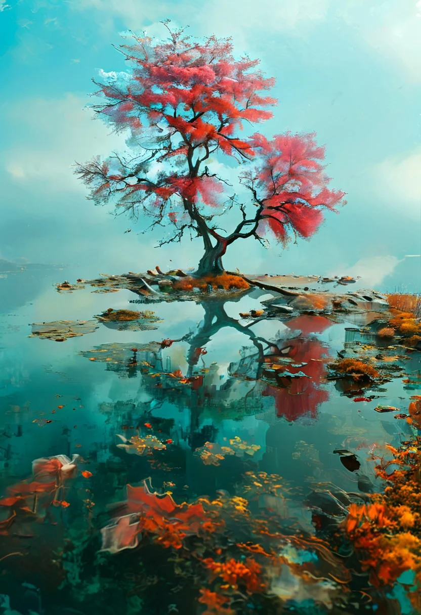 a tree in the middle of a lake, fantasy art, beautiful colors, moonscape, multilayered vibrant paint, very beautiful and elegant, 3D, virtual landscape painting, beautiful painting of a tall, with beautiful colors, stormy landscape, made of tree and fantasy valley, beautiful lit, mesmerizing