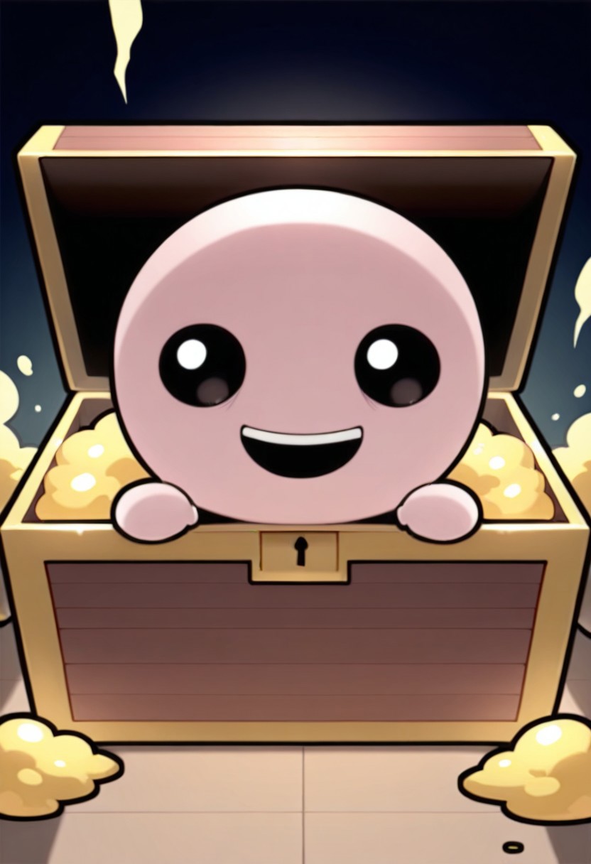 score_9, score_8_up, score_7_up, masterpiece, best quality, amazing quality, Isaac Moriah, 1boy, solo, black eyes, bald, chibi, smile, :d, looking at viewer, treasure chest