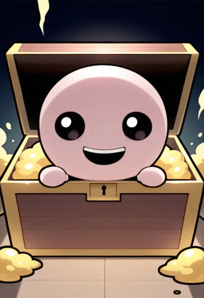 score_9, score_8_up, score_7_up, masterpiece, best quality, amazing quality, Isaac Moriah, 1boy, solo, black eyes, bald, chibi, smile, :d, looking at viewer, treasure chest