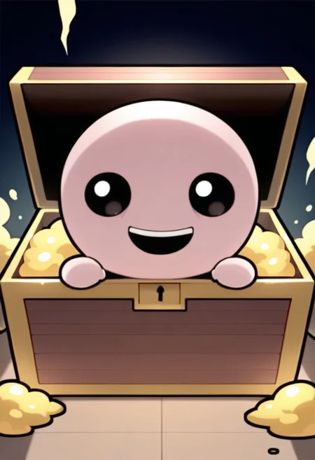 score_9, score_8_up, score_7_up, masterpiece, best quality, amazing quality, Isaac Moriah, 1boy, solo, black eyes, bald, chibi, smile, :d, looking at viewer, treasure chest