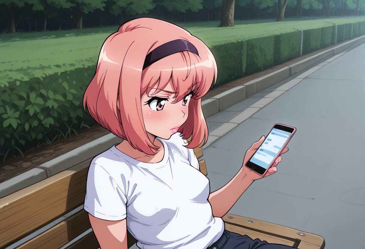 masterpiece, high quality, highres, (upper body:1.5), outdoors, road, sidewalk, modern, (from side:0.5) 1female, solo, POV, louise francoise le blanc de la valliere, (bob cut:1.5), pink hair, pink eyes, tiny breasts, (wide hips:1.1), plump thighs, (big butt:1.1), bored expression, sitting on bench, holding smart phone, looking at phone, white t shirt, baggy jeans, sneakers, headband, pink lips, bimbo lips.
