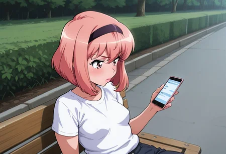 masterpiece, high quality, highres, (upper body:1.5), outdoors, road, sidewalk, modern, (from side:0.5) 1female, solo, POV, louise francoise le blanc de la valliere, (bob cut:1.5), pink hair, pink eyes, tiny breasts, (wide hips:1.1), plump thighs, (big butt:1.1), bored expression, sitting on bench, holding smart phone, looking at phone, white t shirt, baggy jeans, sneakers, headband, pink lips, bimbo lips.
