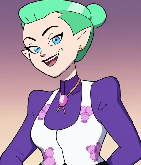 <lora:Odalia_Blight:1>, , short hair, open mouth, blue eyes, jewelry, upper body, earrings, mint green hair, pointy ears, hair bun, makeup, lipstick, stud earrings, bolo tie, white vest, purple shirt, gold earrings, purple lipstick, single hair bun, score_9, score_8_up, score_7_up, cute, 1girl, solo, simple background, looking at viewer, seductive, smile, cowboy shot,