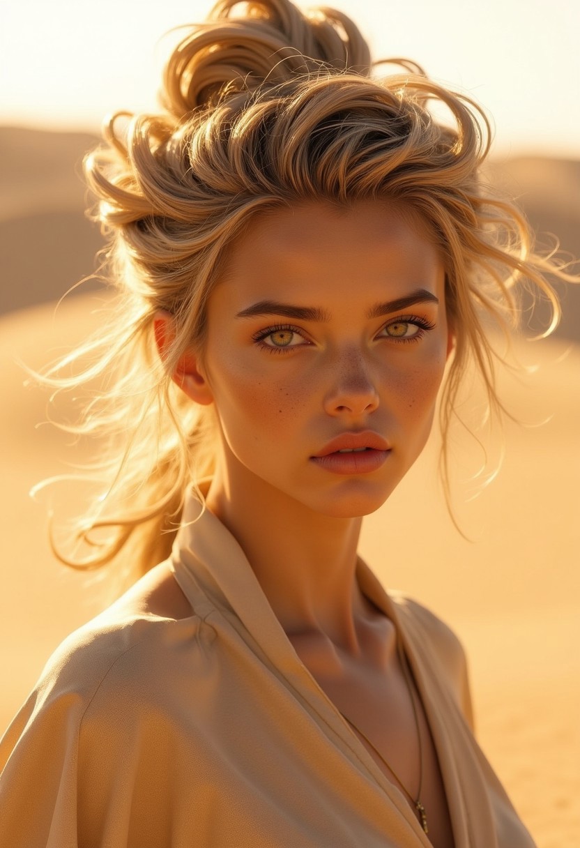 Create a hyper-realistic, professional-quality photograph of a young woman with skin tones resembling the soft, warm hues of sand dunes, ranging from beige to golden brown. Her face has subtle, grainy textures like sand, adding an earthy, natural feel to her look. Her hair is sculpted into an intricate, surreal style resembling wind-swept sand formations, with strands twisted and layered in swirling patterns that mimic the waves and ridges of desert dunes. Her eyes are a striking amber, glowing like sunlight on a vast desert, giving her an intense, mysterious gaze.
Her clothing is modest and crafted from light, sandy fabrics that flow and blend with her surroundings, resembling layers of silk or fine desert dust. The scene is set in an expansive, golden desert, with rolling dunes stretching into the horizon and the soft light of a setting sun casting long shadows across the sand. Gentle wind sweeps through, lifting grains of sand that dance around her, adding movement and life to the composition. The natural lighting enhances the warm tones of her skin and the intricate detail of her sand-inspired hairstyle, creating an otherworldly, ethereal image that embodies the beauty and vastness of the desert