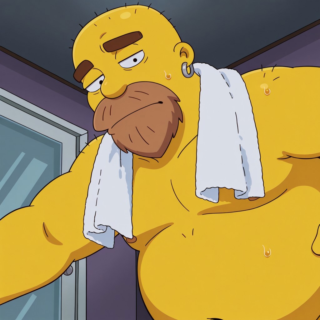 Sh4wn, detail background, 1boy, solo, male, yellow skin, brown beard, bald, earring, black eyes, cartoon eyes, thick dark brown eyebrows, chubby, overweight, big belly, fat, BREAK bathroom, half eyes closed, at night, dark atmosphere, indoors, solo, looking at viewer, white towel on neck, sexy, bent over, low angle, close up, looking down at viewer, side view, sweat, close-up, hand on hip, upper body