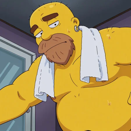 Sh4wn, detail background, 1boy, solo, male, yellow skin, brown beard, bald, earring, black eyes, cartoon eyes, thick dark brown eyebrows, chubby, overweight, big belly, fat, BREAK bathroom, half eyes closed, at night, dark atmosphere, indoors, solo, looking at viewer, white towel on neck, sexy, bent over, low angle, close up, looking down at viewer, side view, sweat, close-up, hand on hip, upper body
