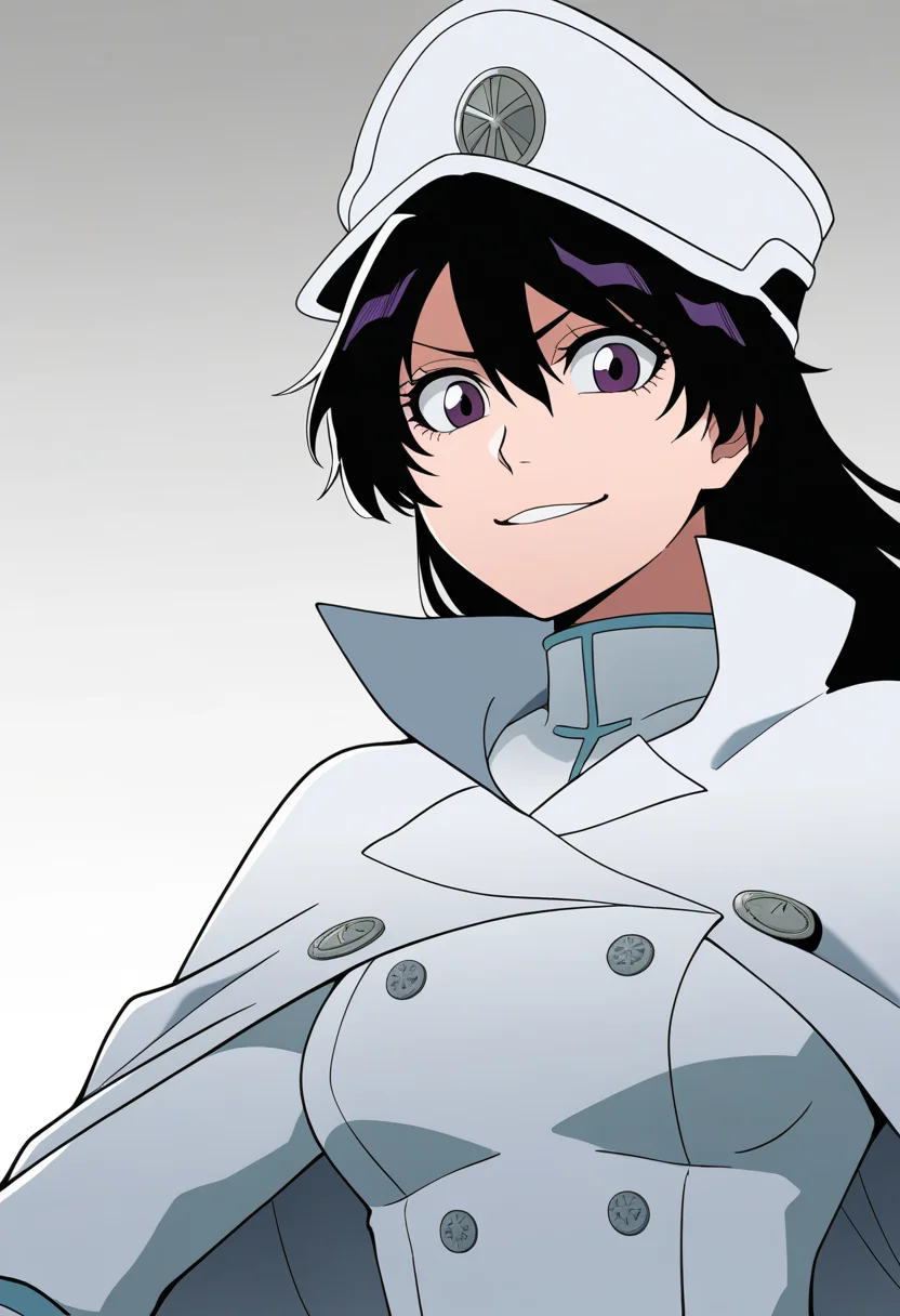 best quality, amazing quality, very aesthetic, absurdres,
BREAK
1girl, bambietta, black hair, long hair, purple eyes,
cape, trench coat, peaked cap, uniform, double-breasted,
upper body
smile, solo, looking at viewer, simple background, white background, <lora:BambiettaBasterbineNoobXL_byKonan:1>