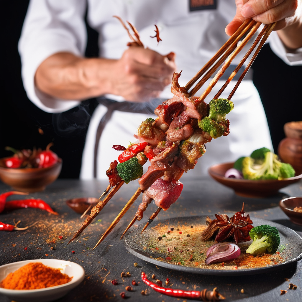 raw photo, reality,in the dark ,a person can be seen holding skewers of meat and spices. The person's hand is firmly gripping one of the skewers, showcasing the delicious array of flavors and aromas. The skewers are expertly prepared, with neat arrangements of meat and spices threaded onto them. The tantalizing mix of colors and textures is evident, making it clear that this dish is a feast for the senses. Additionally, a plate filled with a delectable combination of broccoli and meat is placed nearby, completing the appetizing scene. The dish is presented in an elegant manner, with the vibrant colors of the broccoli and meat contrasting against the white plate. The overall composition is visually appealing, and the image captures the essence of a scrumptious and satisfying meal, <lora:cn_lamb_bbq:0.85>, xhunxhun