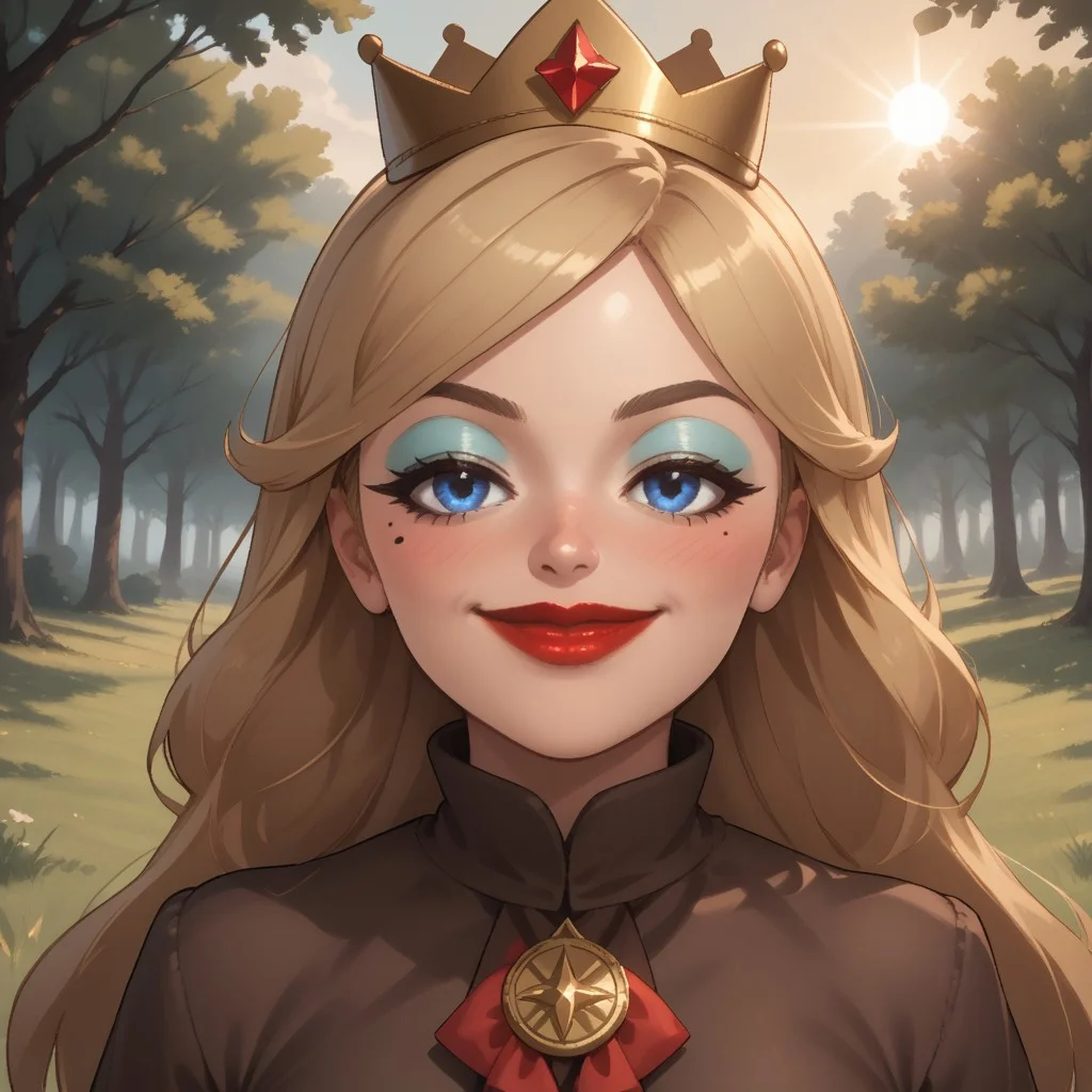 score_9, score_8, BREAK, solo, wii, mii, wii sports, 1girl, female mii, blonde hair, long hair, crown, blue eyes, makeup, blue eyeshadow, blush, mole under eye, red lips, lipstick, brown eyebrows, brown long dress, silver high heels, big breasts, nintendo mii, modern_mii, classic_mii, Empress_Alisha_(OC_Mii), cute, attractive, sexy pose, self portrait, smile, outdoors, sunlight, shadows, evening lighting, natural lighting, forest, trees, grass, orange sky, sunset