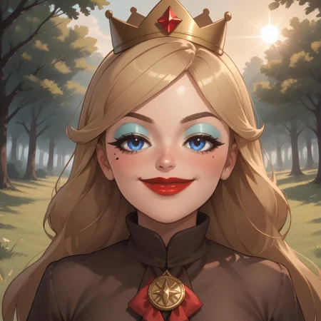 score_9, score_8, BREAK, solo, wii, mii, wii sports, 1girl, female mii, blonde hair, long hair, crown, blue eyes, makeup, blue eyeshadow, blush, mole under eye, red lips, lipstick, brown eyebrows, brown long dress, silver high heels, big breasts, nintendo mii, modern_mii, classic_mii, Empress_Alisha_(OC_Mii), cute, attractive, sexy pose, self portrait, smile, outdoors, sunlight, shadows, evening lighting, natural lighting, forest, trees, grass, orange sky, sunset