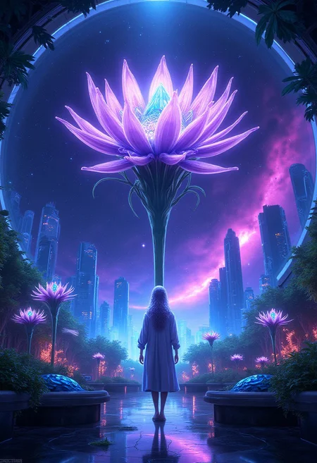 score_9, score_8_up, score_7_up, source_anime, , 2D, "Botanical Cybernetics"
cinematic, botanical, A bioluminescent greenhouse laboratory floating in space, filled with crystalline terrariums containing hybrid plant-machine specimens. Translucent leaves pulse with fiber optic veins, while robotic tendrils delicately tend to the specimens. Through the geodesic glass dome, distant nebulae cast an ethereal purple glow. The central specimen is a massive flower with petals of liquid metal that slowly unfold, revealing a core of swirling holographic data patterns. Scientific instruments hover silently, recording data. The scene should evoke both cutting-edge technology and natural organic beauty., spacecraft interior, standing, upper body, science fiction
