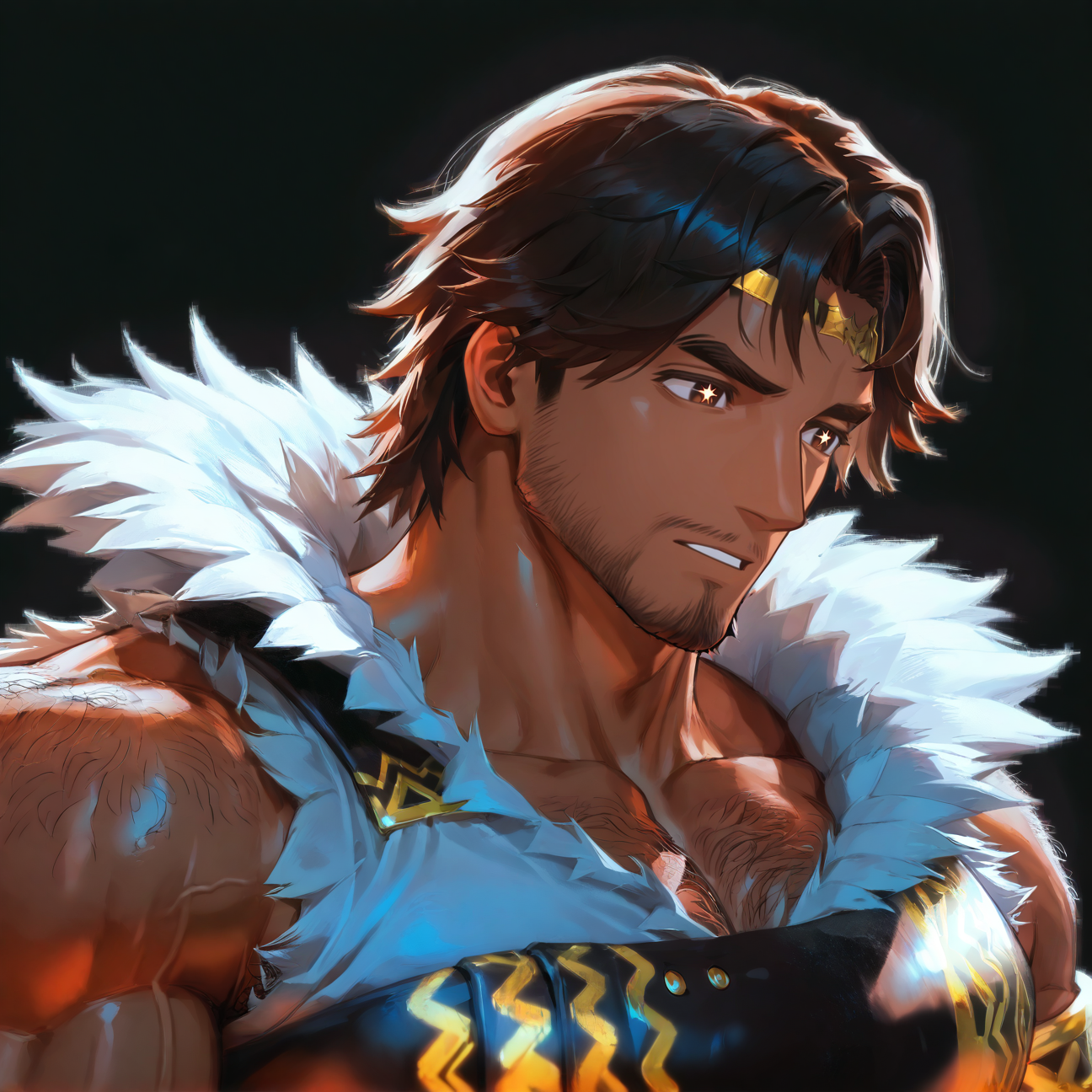 <lora:fogado:.6>, ((fogado,brown hair,brown eyes,star-shaped pupils,dark skin,))
upper body, 
(short hair), male focus, muscular male, bara, mature, (hairy body, hairy, body hair, leg hair, hairy body, glossy skin, bara, mature, facial hair, beard, sideburn, beard, full beard, stubble), facial hair, bara, mature, body hair, aixiwuganda_(20222192), very awa, masterpiece, best quality, absurdres, newest, perfect quality, detailed background, intricate details <lora:slider_Body Type_alpha1.0_rank4_noxattn_last:1><lora:Anime Summer Days 2 Style SDXL_LoRA_Pony Diffusion V6 XL:.6><lora:merged:.9>, DARK, DARK BACKGROUND, LOW-KEY LIGHTING <lora:slider_cfg_scale_boost:.7><lora:Artist6p:.55>, Artist6p, Artist04p,<lora:addon_illustriousXLv01_stabilizer_v1.121:.5>,