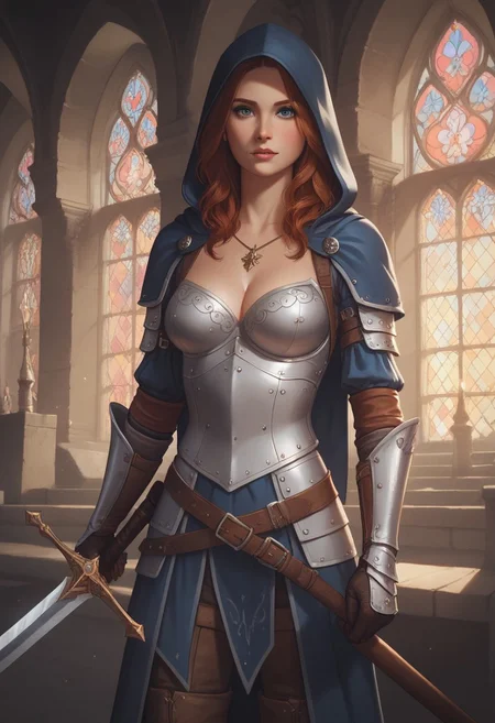 8k resolution, score_9, score_8_up, score_7_up, 22 years, Expressiveh, medieval fantasy, single a sexy brown hair blue eyes girl, big perfect breasts, perfect face, long and hourglass body, detailed eyes, semi realistic, girl heavy armor, sheathed sword, standing, medieval fantasy castle armory, hood down