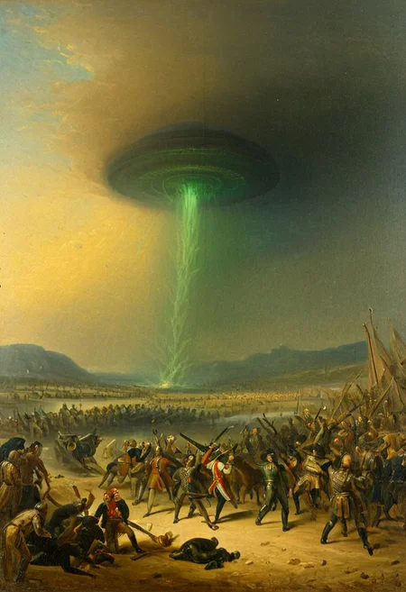 alien invasion, epic, dramatic, battle, horror, by George Dawe, 19th century, oil painting