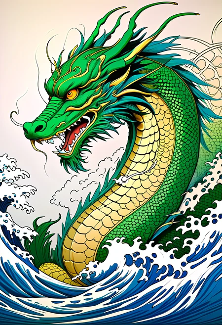 silk screen art, (ukiyo-e:1.1), (painted by Kim Hong-do:1.1), sharp oriental dragon, green and gold with a bit of blue, katsuhiro otomo, line art, glitch art, hergÃ©