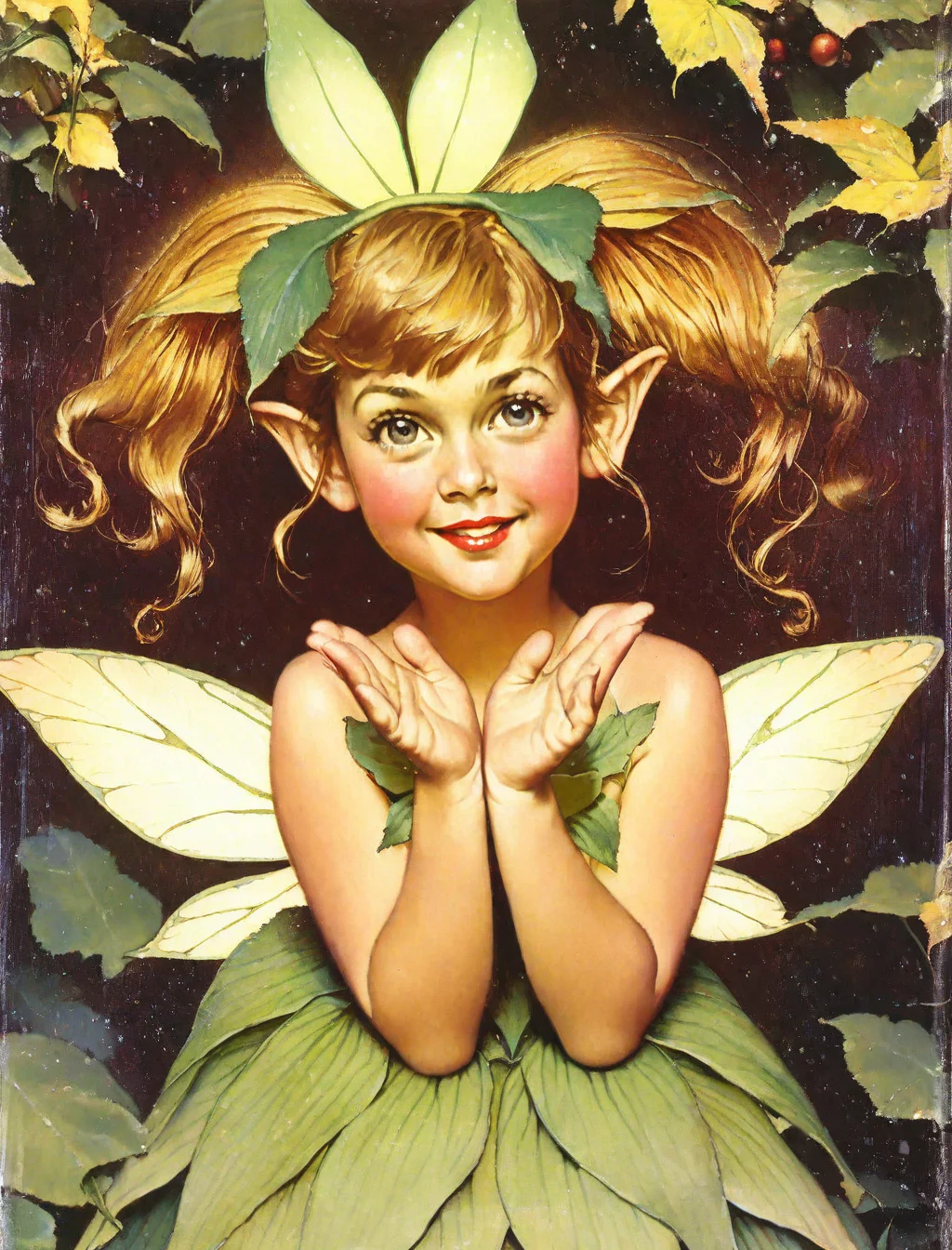 1girl, solo, tinker bell, norman rockwell style, fairy, wings, leaf dress, detailed face,