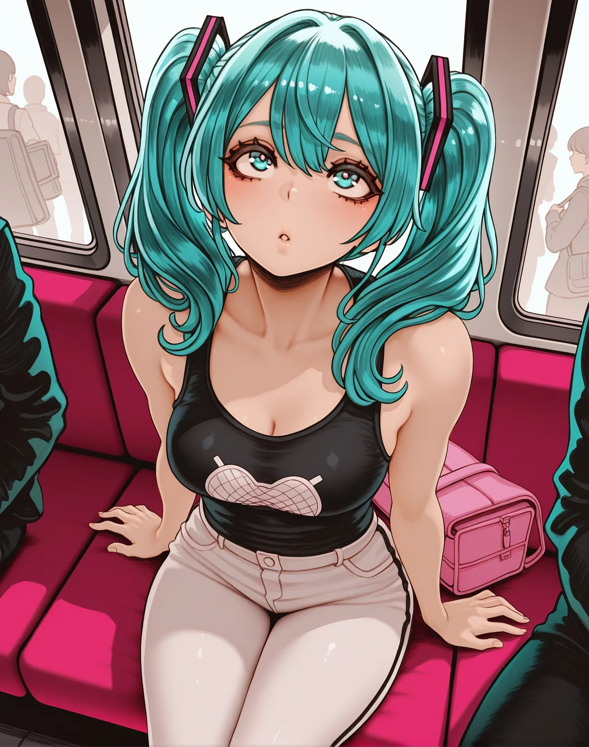 <lora:_Magion02_NAIXL:1> art by Magion02, score_9, score_8_up, score_7_up, best quality, masterpiece, uncensored, A girl Hatsune Miku with aqua hair styled in two ponytails sitting on a blue suitcase. She is wearing a black tank top and white pants and has a pink bag slung over her shoulder. The girl is holding a map and a camera and looking up at something in the distance. In the background there are several people walking around.