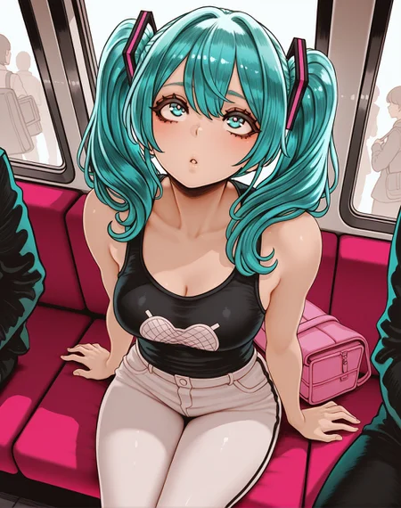 <lora:_Magion02_NAIXL:1> art by Magion02, score_9, score_8_up, score_7_up, best quality, masterpiece, uncensored, A girl Hatsune Miku with aqua hair styled in two ponytails sitting on a blue suitcase. She is wearing a black tank top and white pants and has a pink bag slung over her shoulder. The girl is holding a map and a camera and looking up at something in the distance. In the background there are several people walking around.