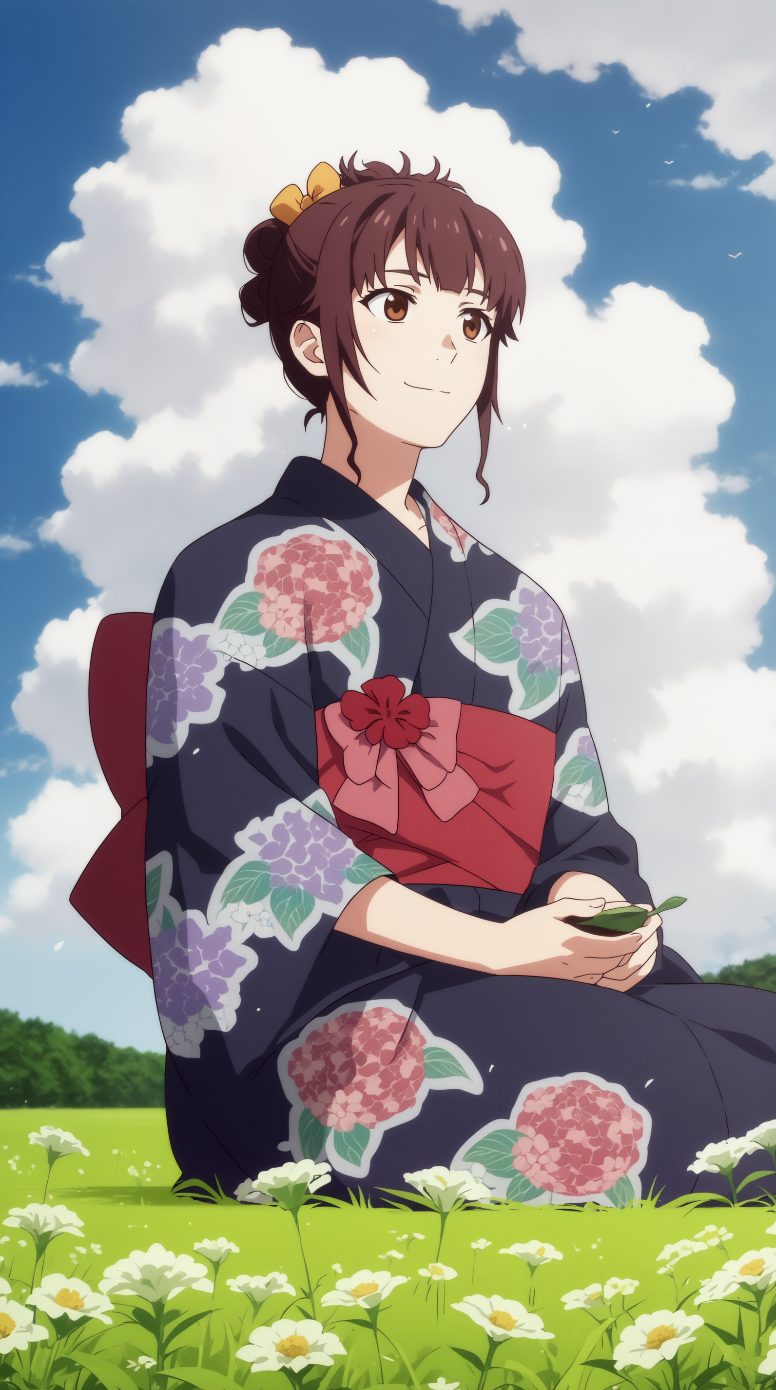 score_9, score_8_up, score_7_up, best background, detailed background, 4k, upscale, anime_source  Nazuna Oikawa, Yukata Clothes, solo, smile, holding, standing, flower, outdoors, sky, day, cloud, grass, sitting, looking away,  <lora:JN_Nazuna_Oikawa_Pony:0.8>