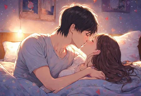 cute, best quality, 1girl, 1boy, kiss, on bed, bed room, night,