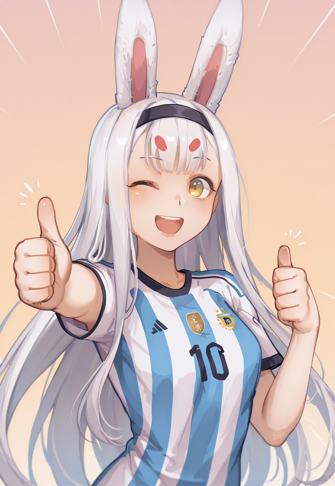 Lazypos, simple gradient background, ShimakazeIL, yellow eyes, white hair, bunny ears, long hair, extended arm, sportswear, soccer uniform, argentina,  focus on upper body, open mouth, smile, happy, wink, impact lines, ok sing, thumbs up towards viewer, 1girl, solo