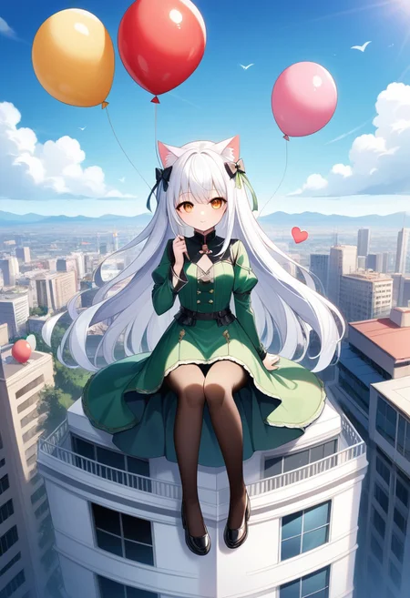 (masterpiece), (score_9, score_8_up, score_7_up,source_anime), best quality, ultra-detailed,24K, illustration, (Uncorrected), CG,
Latex, girl and cat, holding umbrella, animal cat, cat focus,
Multiple balloons, huge balloon, (heart-shaped ballons:1.2).
(Girl sitting on balloons, floating, white hair, ultra-long hair, amber eyes, ultra-detailed eyes:1.2), green dress, jacket, pantyhose, leather shoes,
in Rooftop of Skyscraper, modern city, Skyscraper,