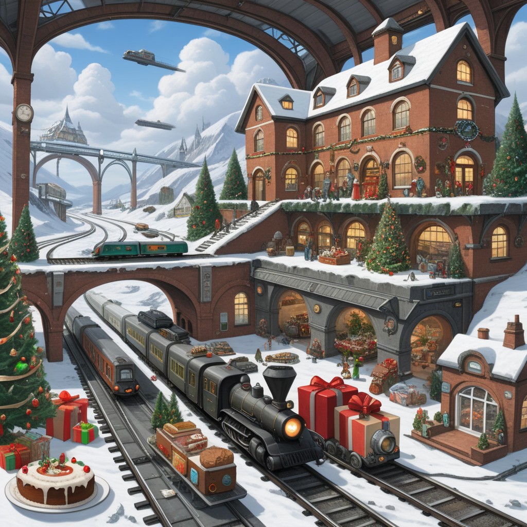 On the grownd in the livingroom [train station, bridge, window, science fiction, traditional media, motor vehicle, day, vehicle focus, road, gift, railway, christmas, food, cloud, box, cake, fireplace, plant, weapon, snow]