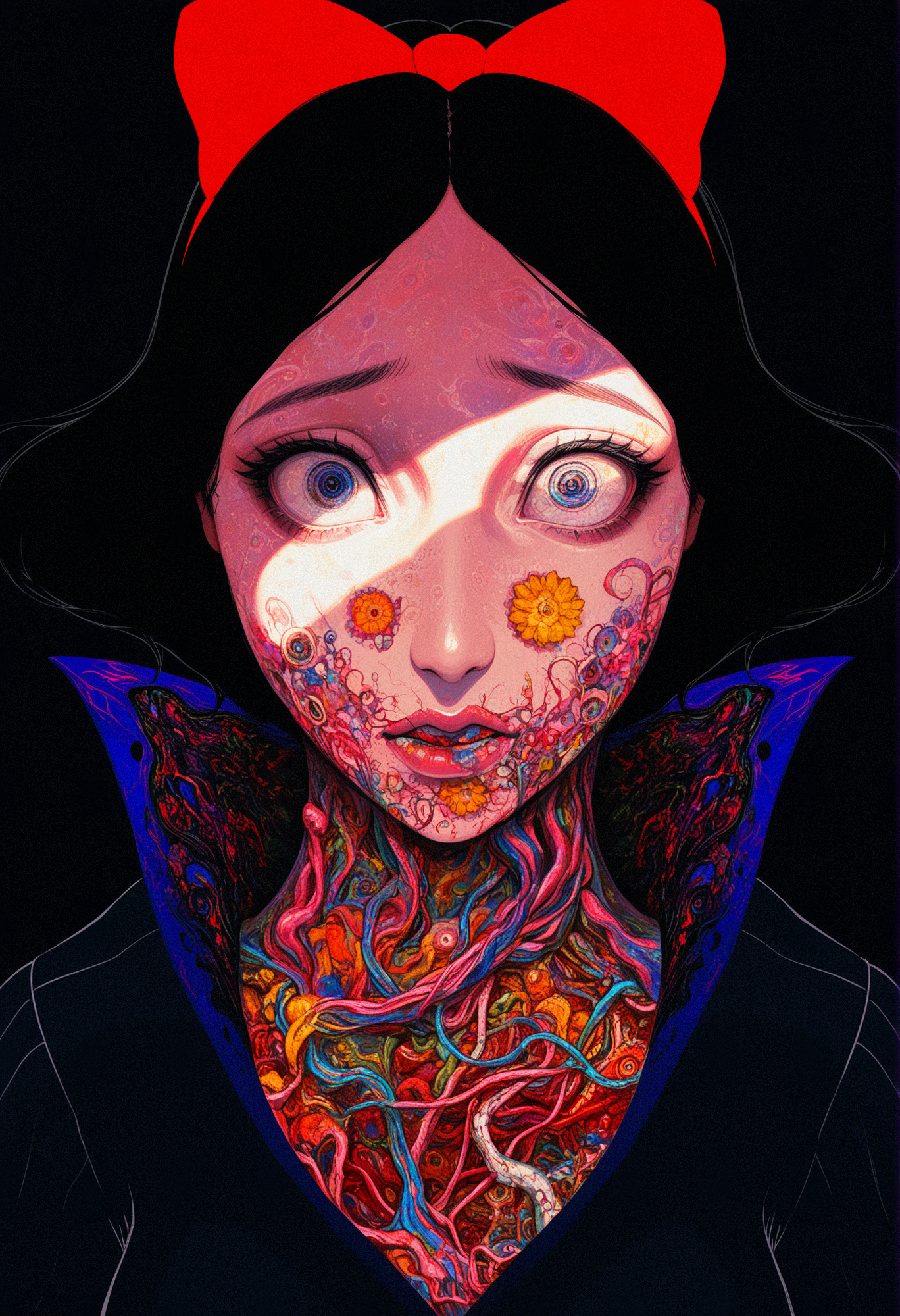 very awa, digital art, abstract,  surreal, psychedelic, 1girl, snow white \(disney\), intense expression, close-up, body horror,  [masterpiece:0.15], [best quality:0.15], [newest:0.15], [absurdres:0.15]