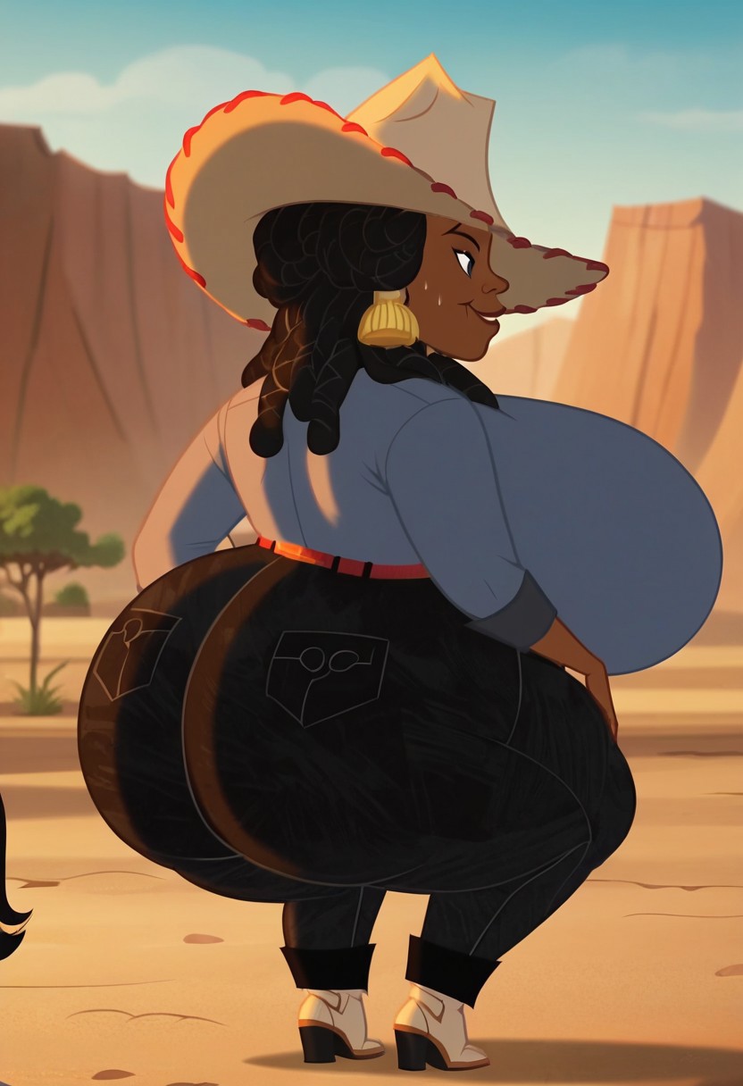 score_9, score_8_up, score_7_up,perfect face,show accurate,screencap,1girl,Myrtle Towne,black hair,thick thighs,fat, dark-skinned female,black eyes, bbw,dreadlocks,huge thighs,, ,cowboy hat,full nude,naked,sweating,upper body,huge breasts,hyper breasts,hyper ass,giant ass,back view,tight pants,hands on ass,desert, outdoors,close up,ass focus,squatting