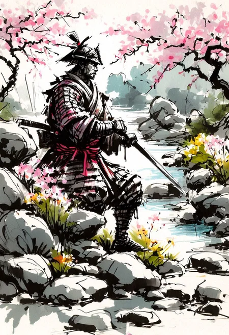 inksketch,
Japanese Samurai warrior in armor, zen garden, spring, sunshine, sakura, meditation, stream, rock garden,