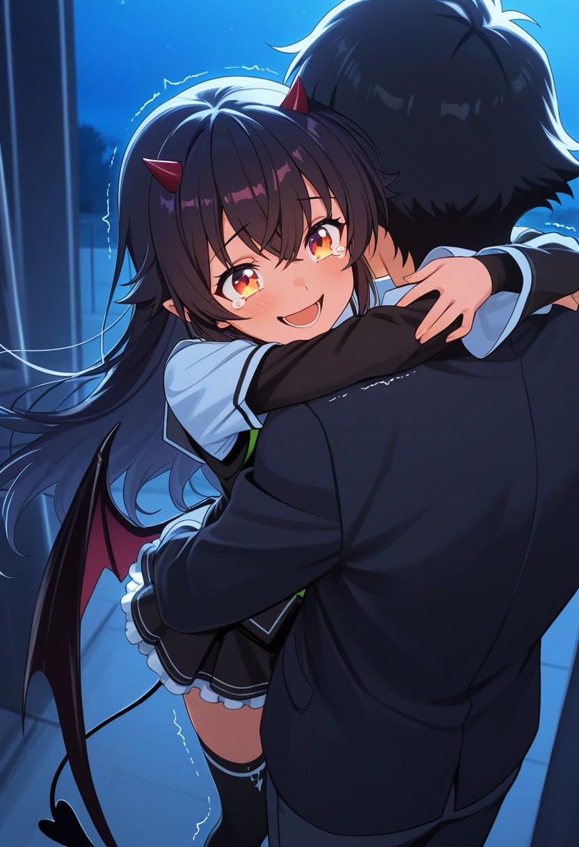 masterpiece, best quality, high quality, high details, source_anime, score_9, score_8_up, score_7_up, extremely detailed,
anime demon girl with small horns, standing frozen in shock while being hugged by a warm smiling girl, soft glow around, night scene with soft moonlight, emotional contrast, confused eyes with a hint of tears, wings slightly trembling, medium shot, warm anime colors