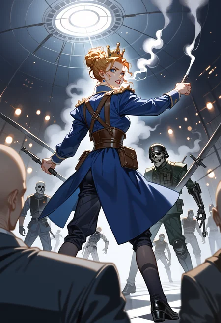 underwater light, ripples, movie still, industrial revolution, smoke, factories, score_9, score_8_up, score_7_up, 1girl, fbf, hum_infantry, armies, battlefield, looking back, Anna Henrietta from Witcher, fbf.safetensors, d4113.safetensors, <lora:test\fbf.safetensors:0.8>, <lora:style\d4113.safetensors:0.8>